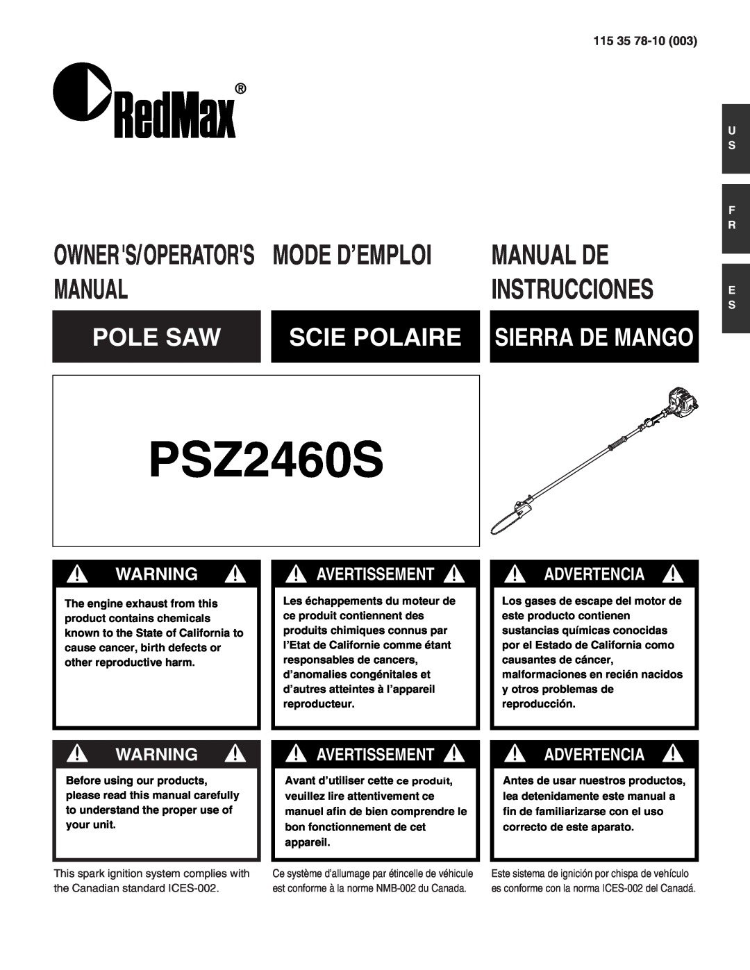 RedMax PSZ2460S manual Mode D’Emploi, Pole Saw, Scie Polaire, 115 35, U S F R E S, Manual De, Instrucciones, Advertencia 