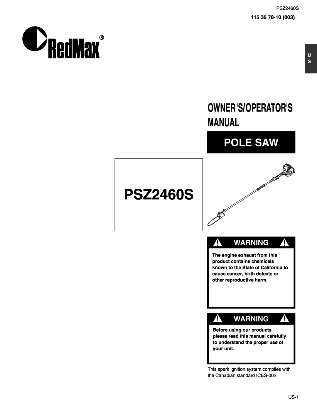 RedMax PSZ2460S manual Manual, Pole Saw, Owners/Operators, 115 