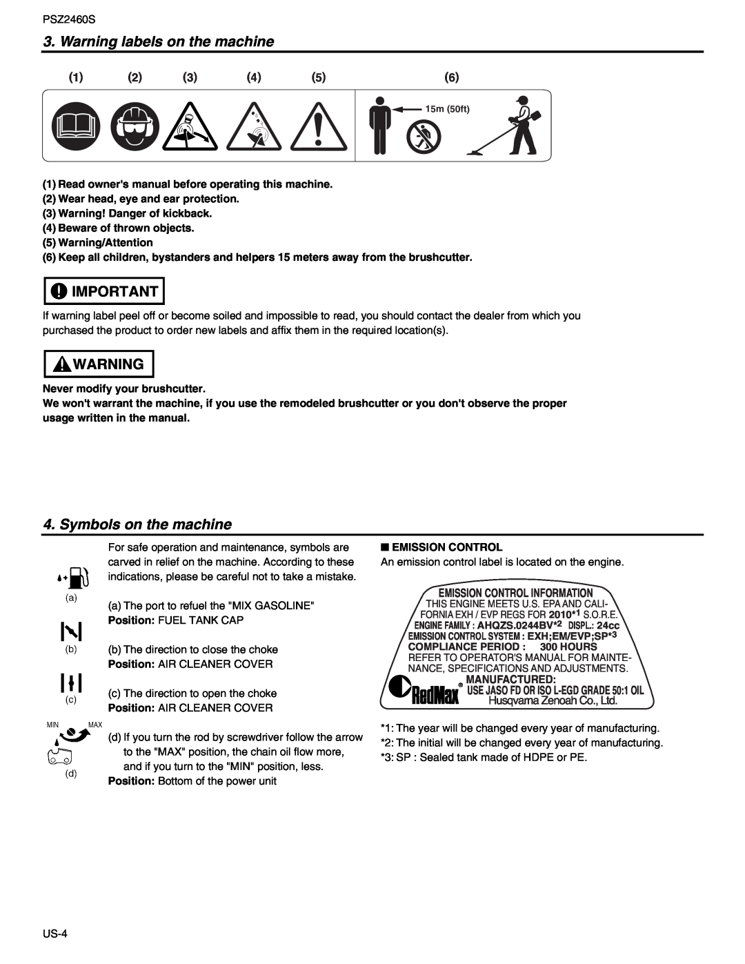 RedMax PSZ2460S manual Warning labels on the machine, Symbols on the machine, Emission Control Information 