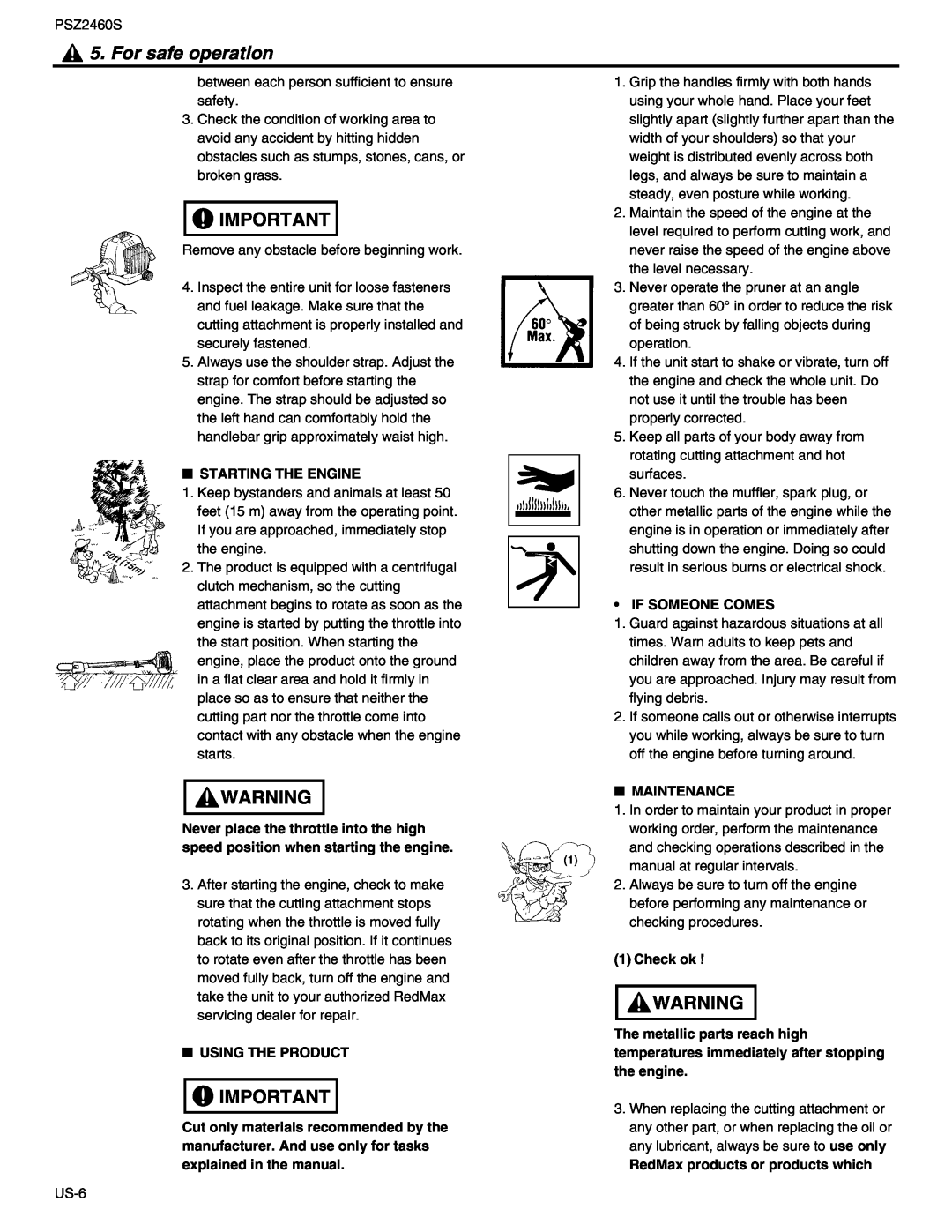 RedMax PSZ2460S manual For safe operation, Starting The Engine, Using The Product, If Someone Comes, Maintenance, Check ok 