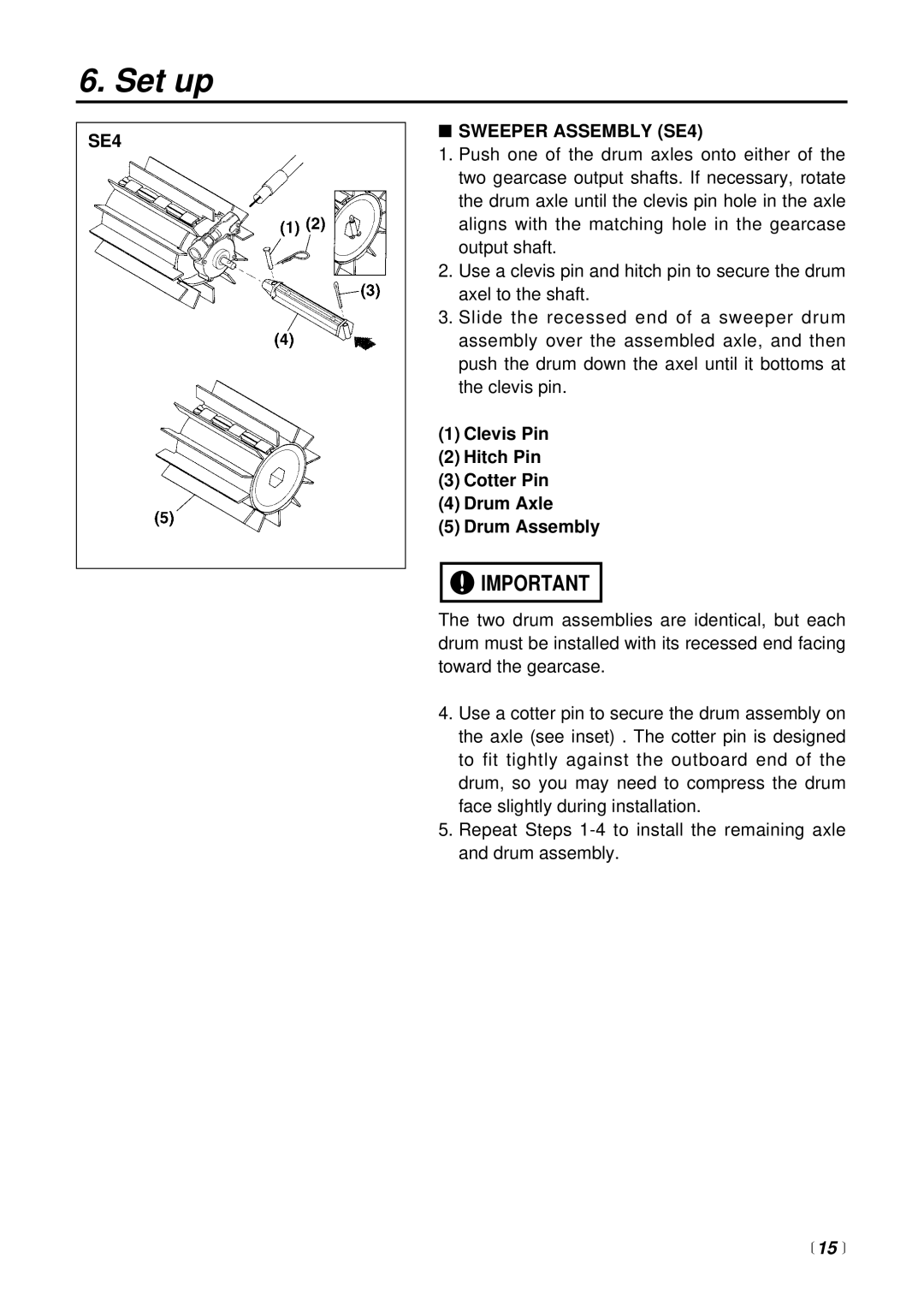 RedMax RMSZ2500 manual SE4 Sweeper Assembly SE4, Clevis Pin Hitch Pin Cotter Pin Drum Axle Drum Assembly 