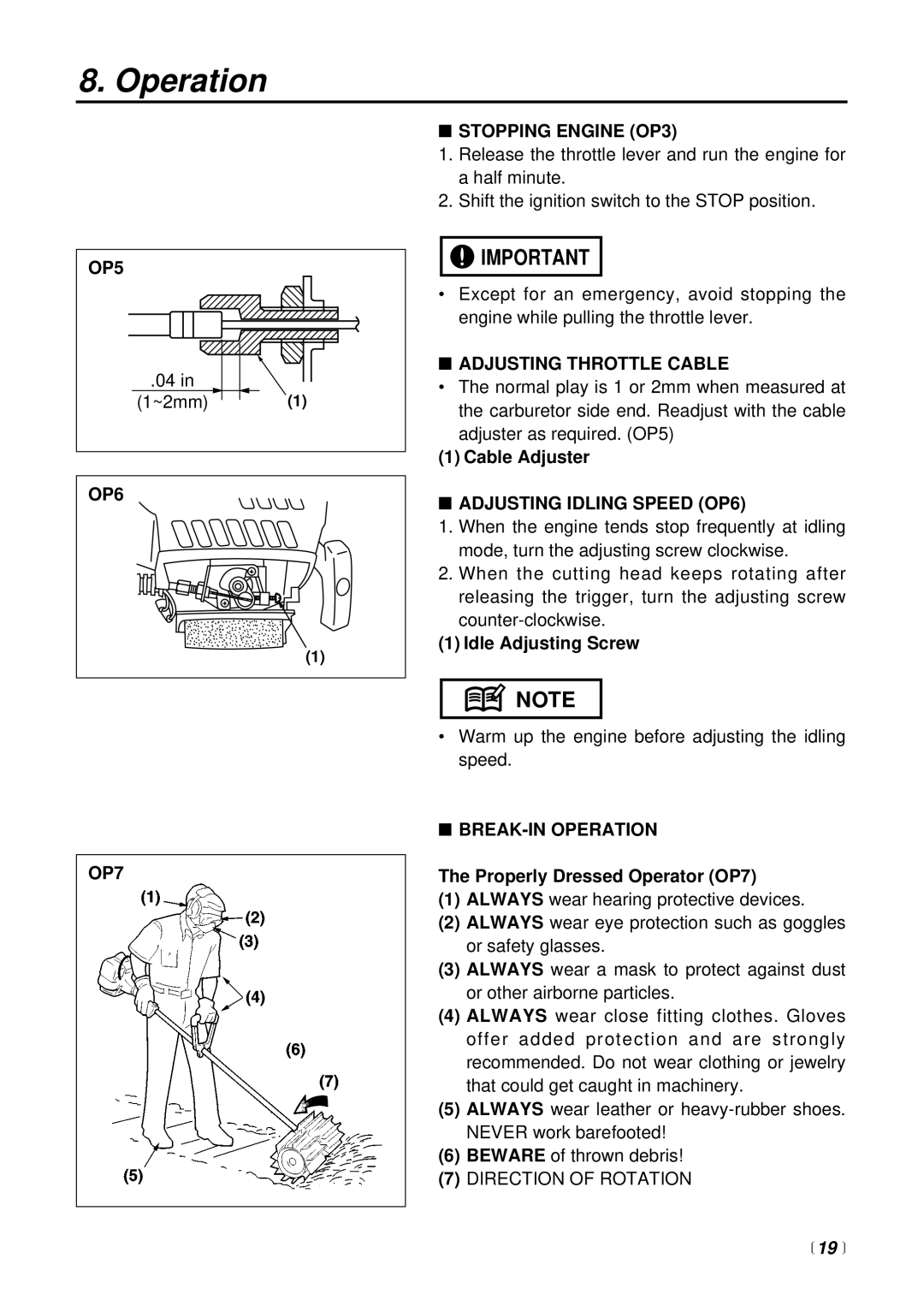 RedMax RMSZ2500 OP5, OP6 OP7 Stopping Engine OP3, Adjusting Throttle Cable, Adjusting Idling Speed OP6, BREAK-IN Operation 