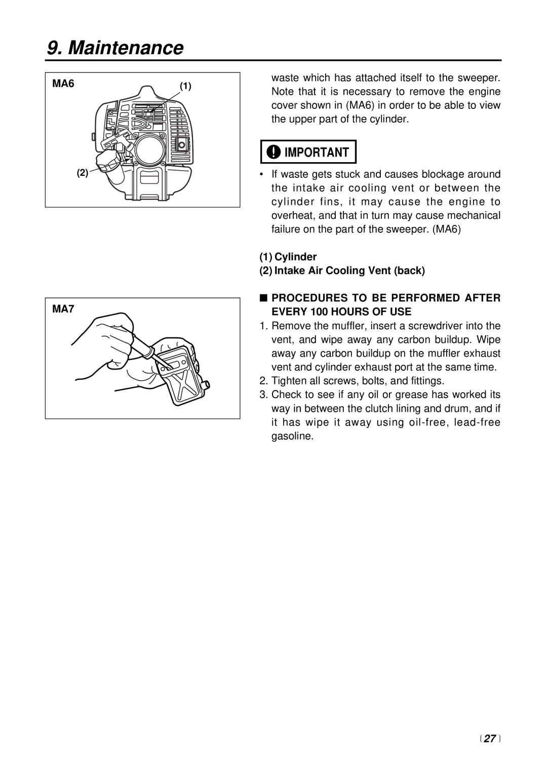 RedMax RMSZ2500 MA61, MA7, Cylinder Intake Air Cooling Vent back, Procedures to be Performed After Every 100 Hours of USE 