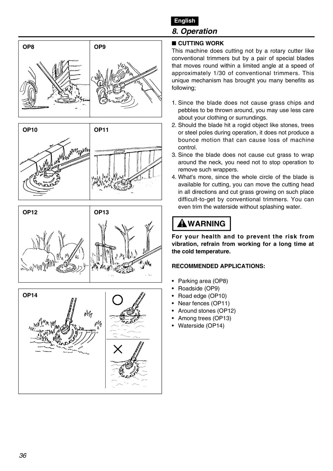 RedMax SGCZ2401S-CA manual OP8, Cutting Work, OP9, Recommended Applications 