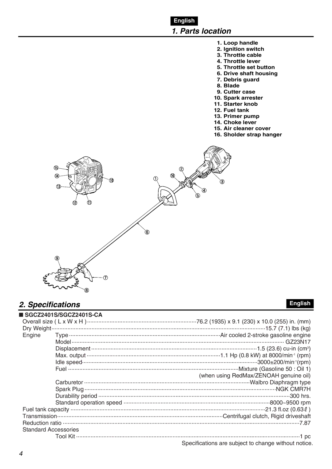 RedMax manual Parts location, Specifications, SGCZ2401S/SGCZ2401S-CA 