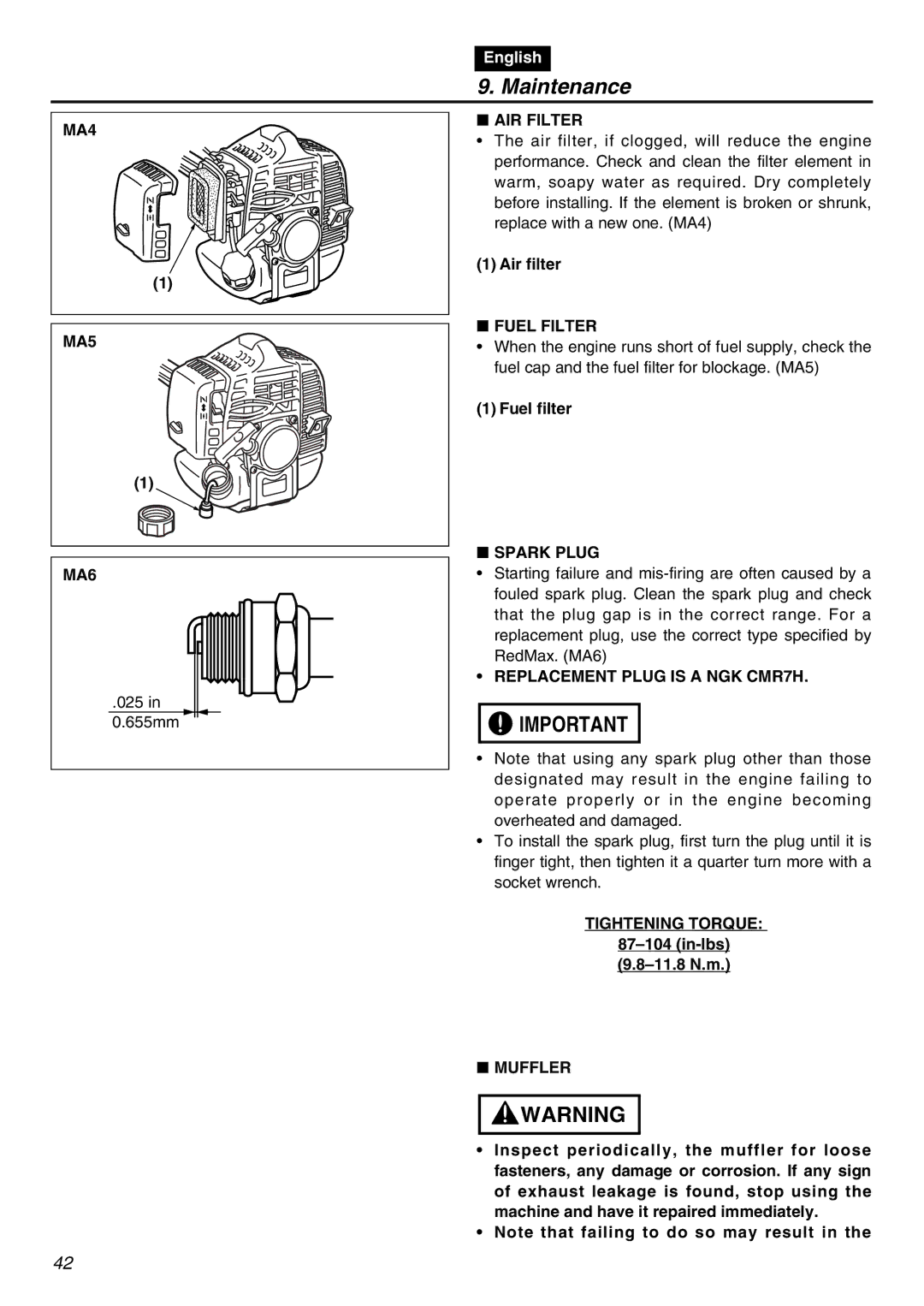 RedMax SGCZ2401S-CA MA4 MA5 MA6, AIR Filter, Fuel Filter, Spark Plug, Replacement Plug is a NGK CMR7H, Tightening Torque 