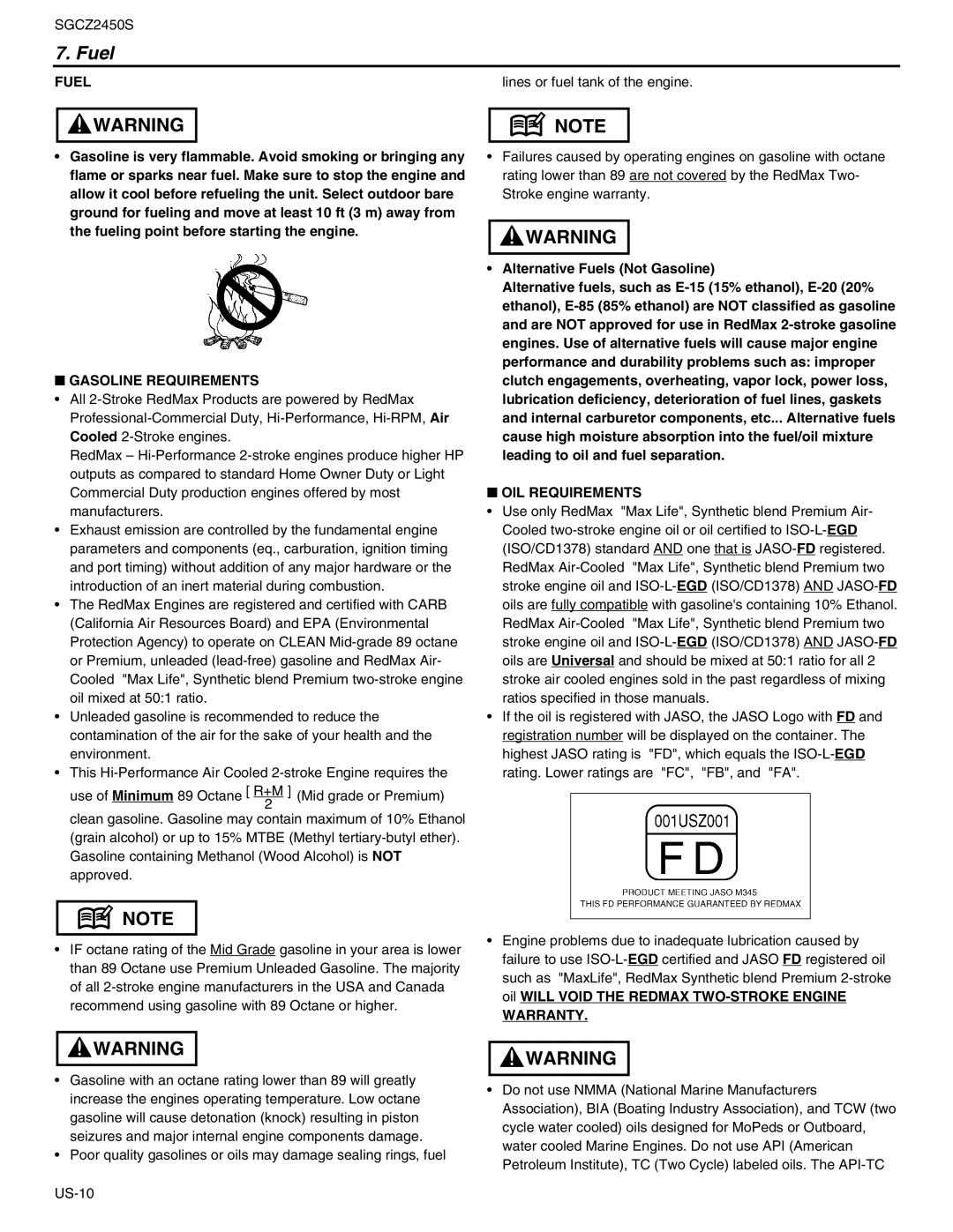 RedMax SGCZ2450S manual Fuel, Gasoline Requirements, OIL Requirements, Warranty 