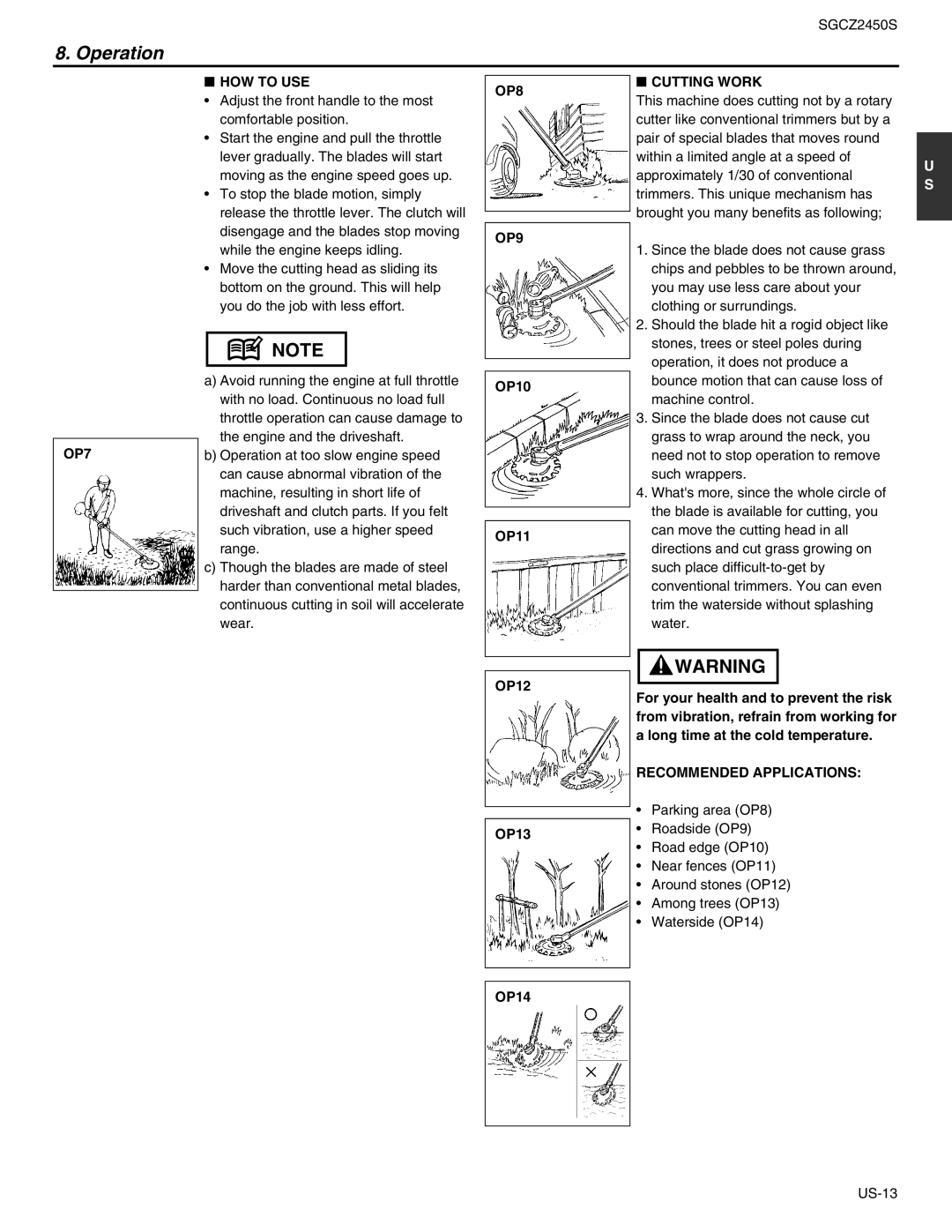 RedMax SGCZ2450S manual OP7 HOW to USE, OP8 OP9, Cutting Work, Recommended Applications 