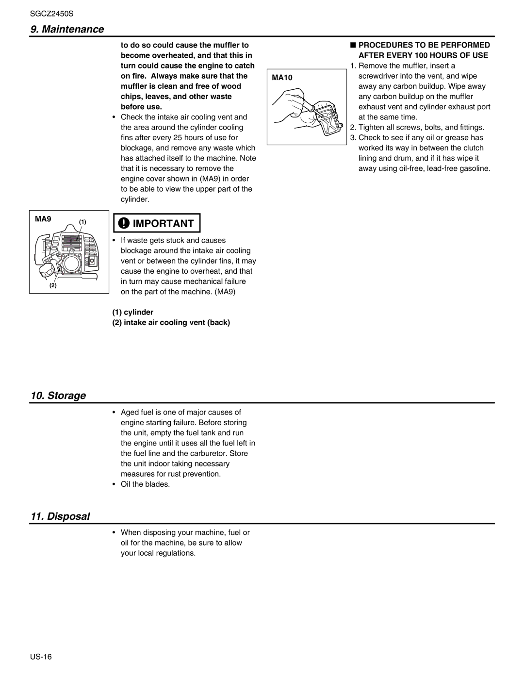 RedMax SGCZ2450S manual Storage, Disposal, Procedures to be Performed After Every 100 Hours of USE 