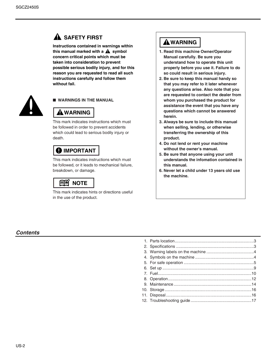 RedMax SGCZ2450S manual Contents 