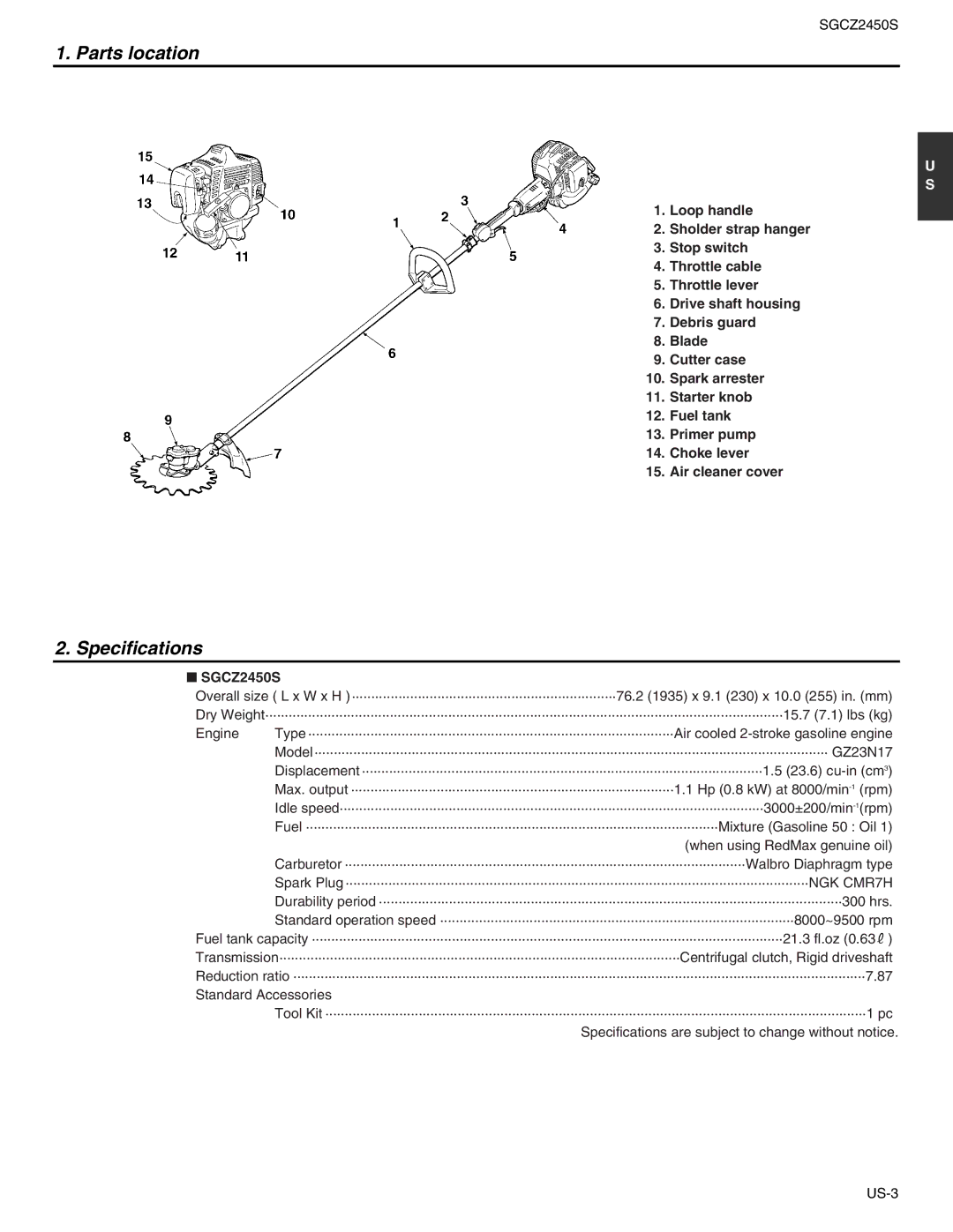 RedMax SGCZ2450S manual Parts location, Specifications 