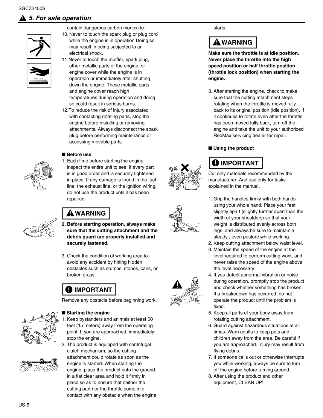 RedMax SGCZ2450S manual Before use, Starting the engine, Using the product 