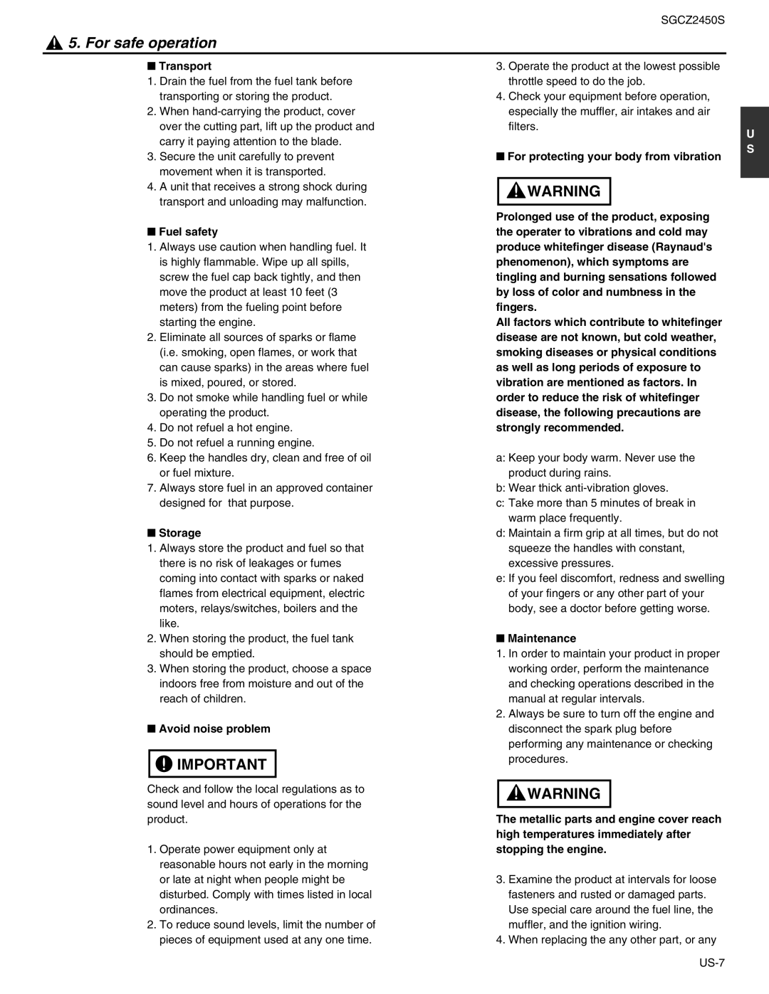 RedMax SGCZ2450S manual Transport, Fuel safety, Storage, Maintenance 