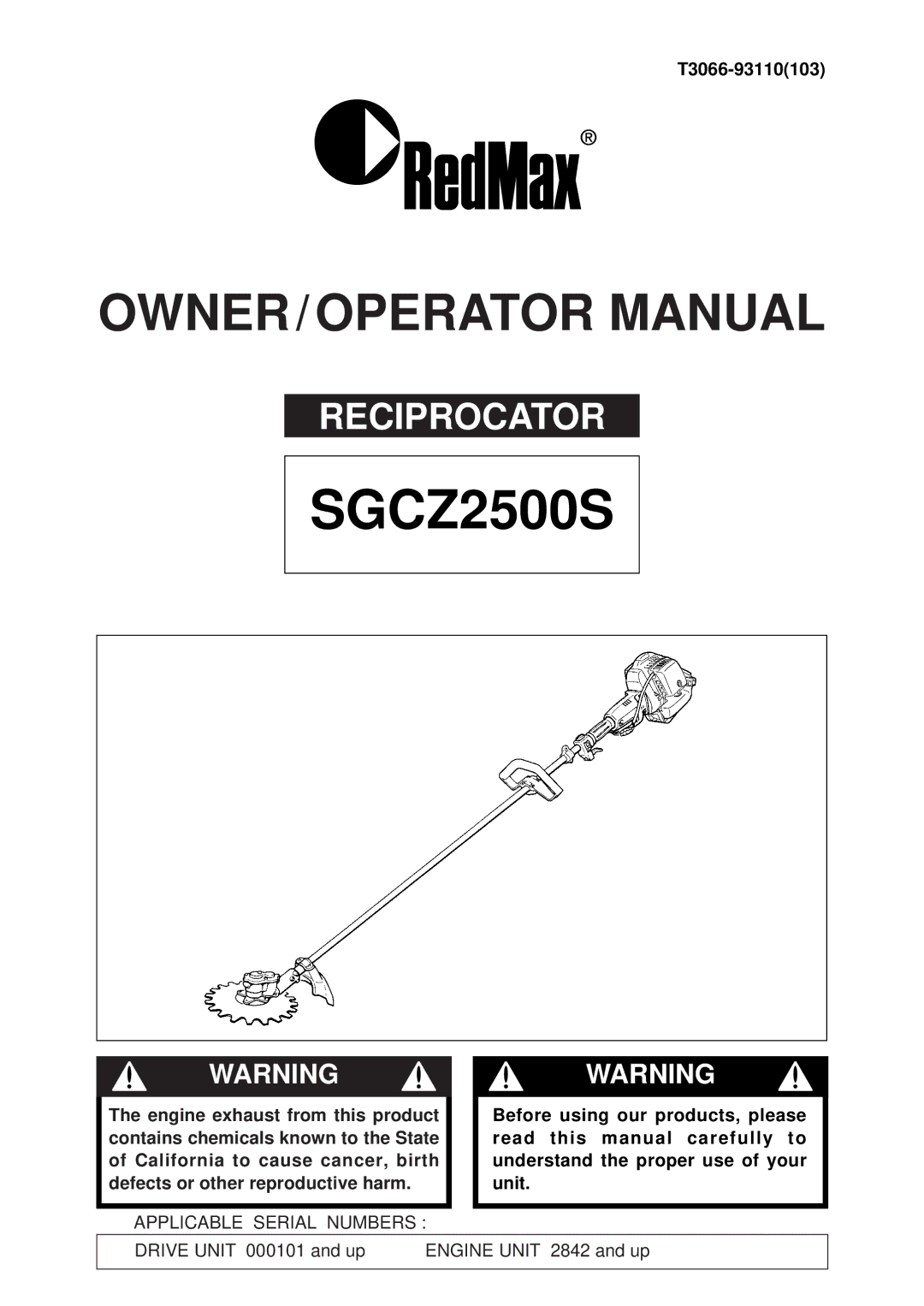 RedMax SGCZ2500S manual T3066-93110103 