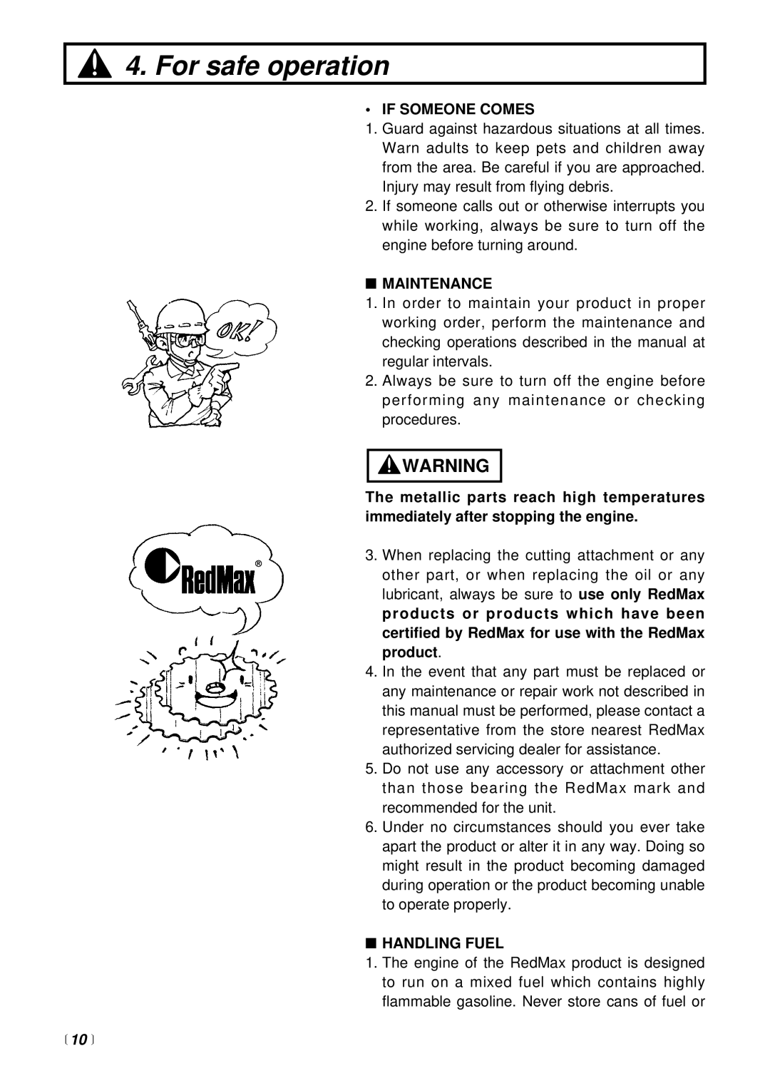 RedMax SGCZ2500S manual If Someone Comes, Maintenance, Handling Fuel,  10  
