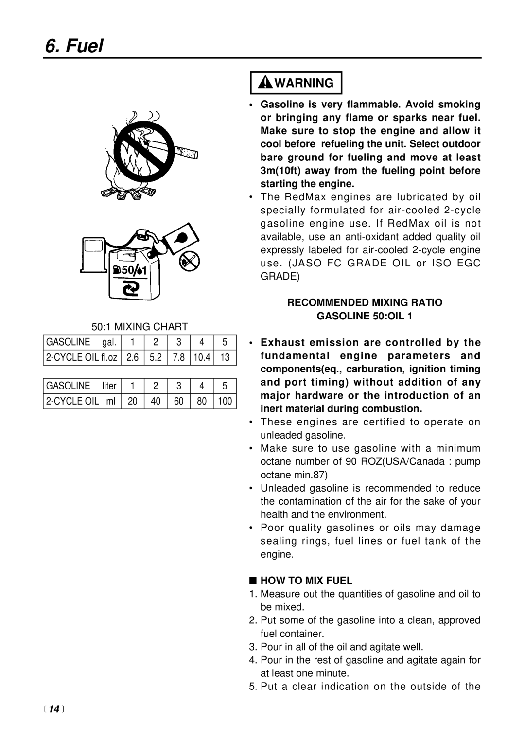 RedMax SGCZ2500S manual  14 , Recommended Mixing Ratio Gasoline 50OIL, HOW to MIX Fuel 