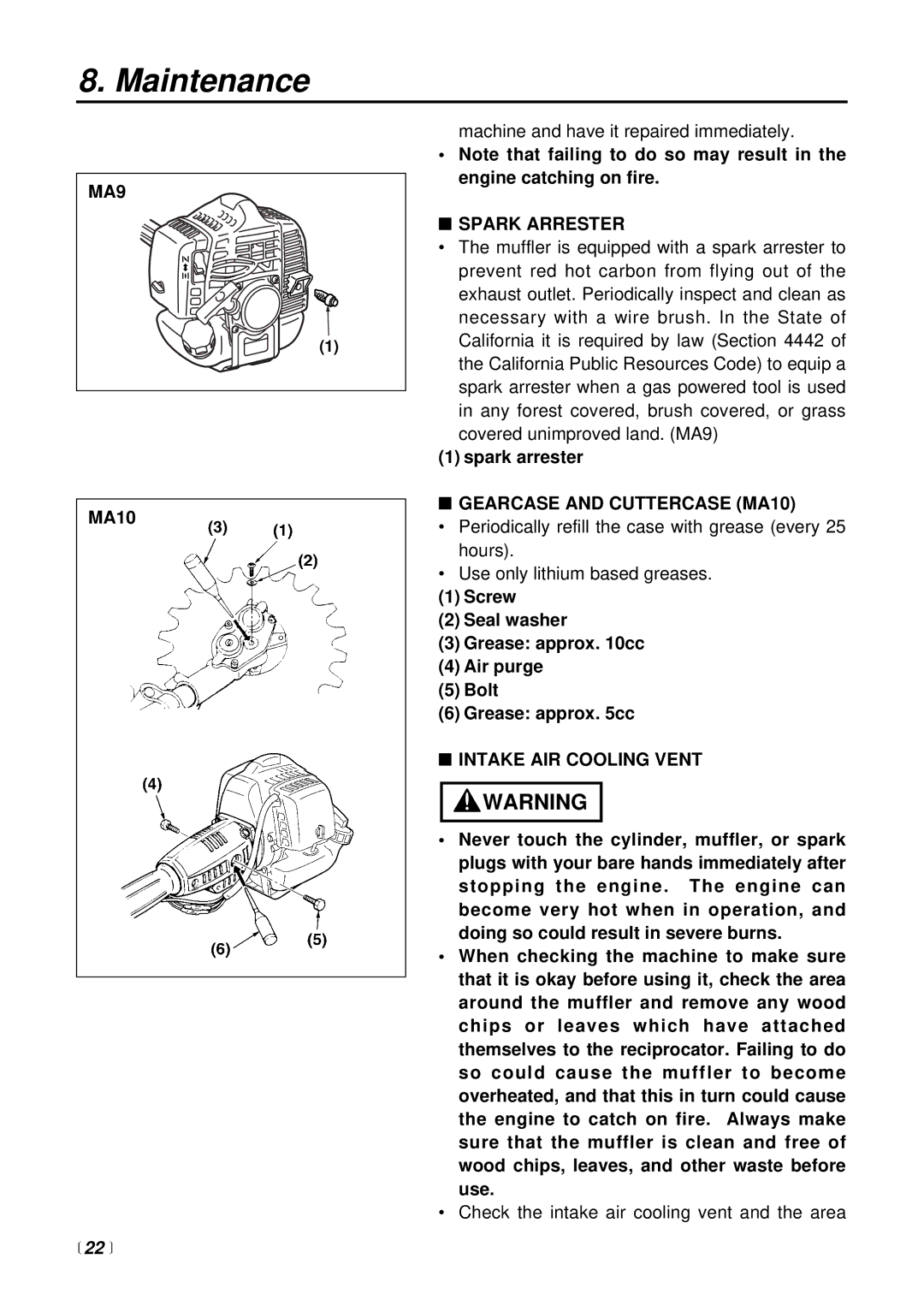 RedMax SGCZ2500S manual MA9,  22 , Spark Arrester, Gearcase and Cuttercase MA10, Intake AIR Cooling Vent 