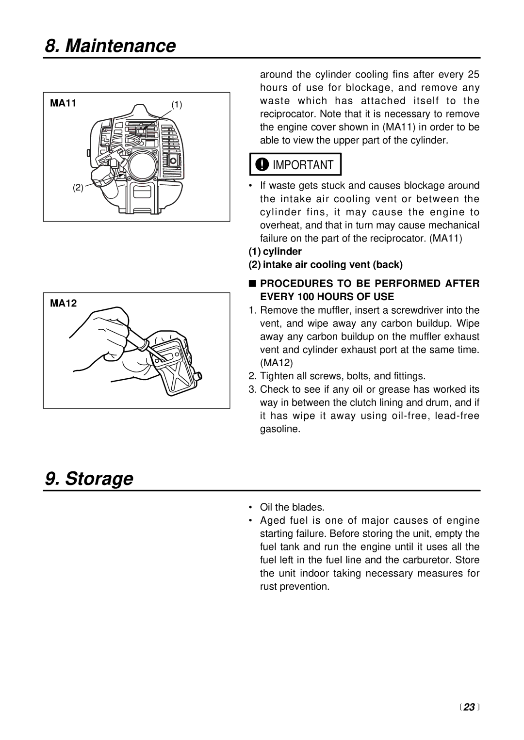 RedMax SGCZ2500S manual Storage, MA111 MA12, Cylinder Intake air cooling vent back,  23  