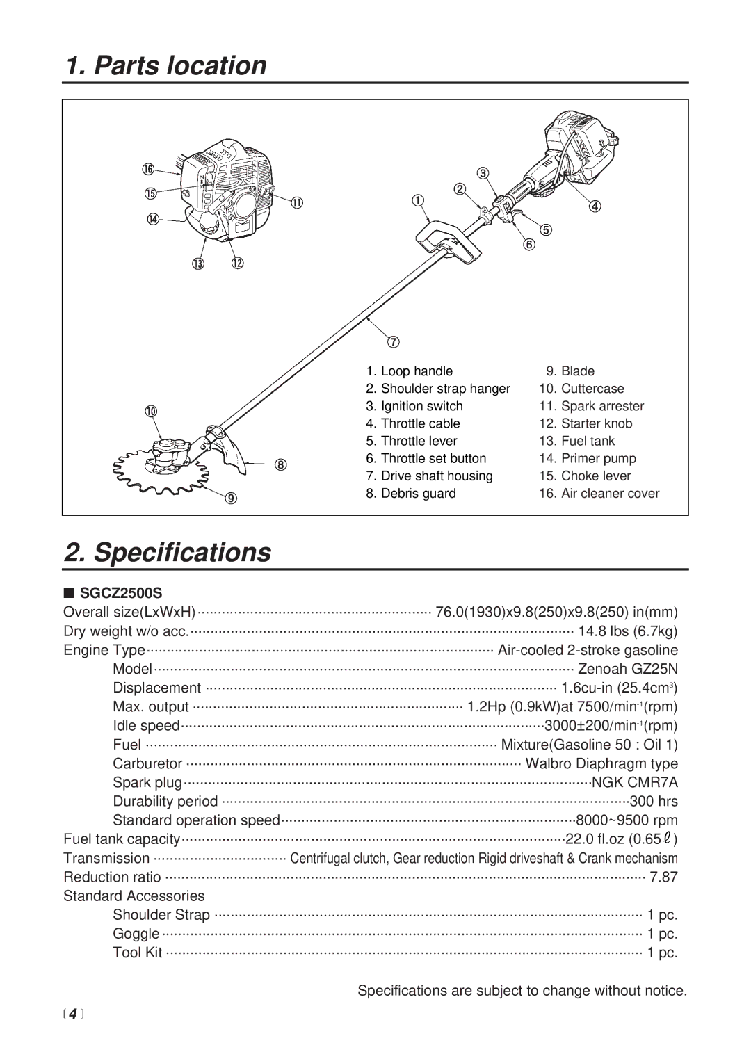 RedMax SGCZ2500S manual Parts location, Specifications,  4  