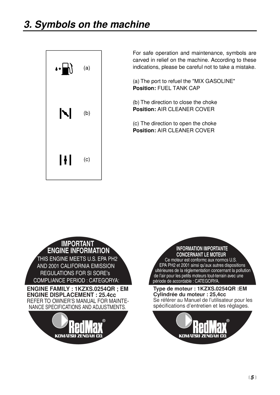 RedMax SGCZ2500S manual Symbols on the machine, Type de moteur 1KZXS.0254QR EM Cylindrée du moteur 25,4cc,  5  