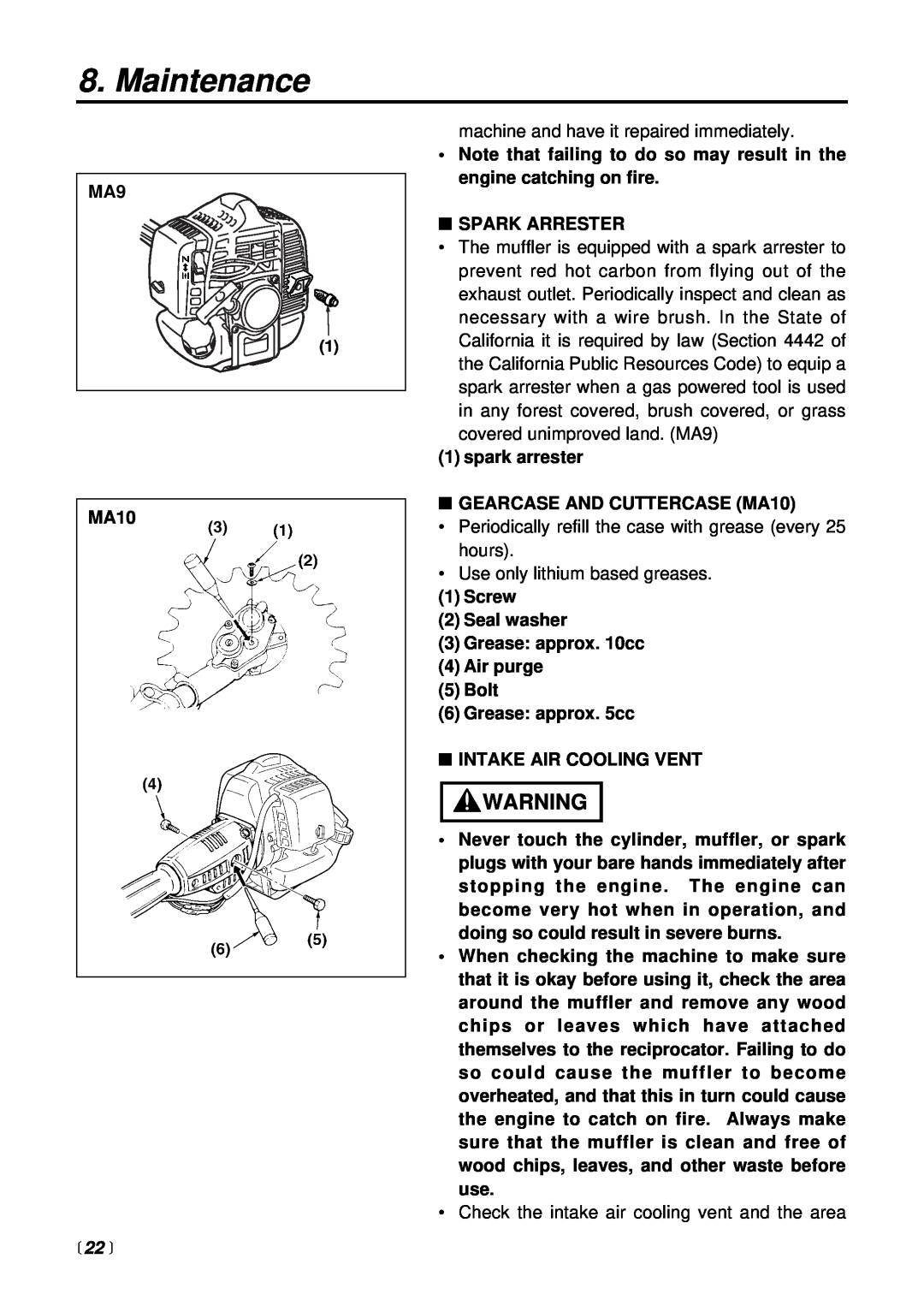 RedMax SGCZ2500S manual MA10,  22 , Note that failing to do so may result in the engine catching on fire, Spark Arrester 