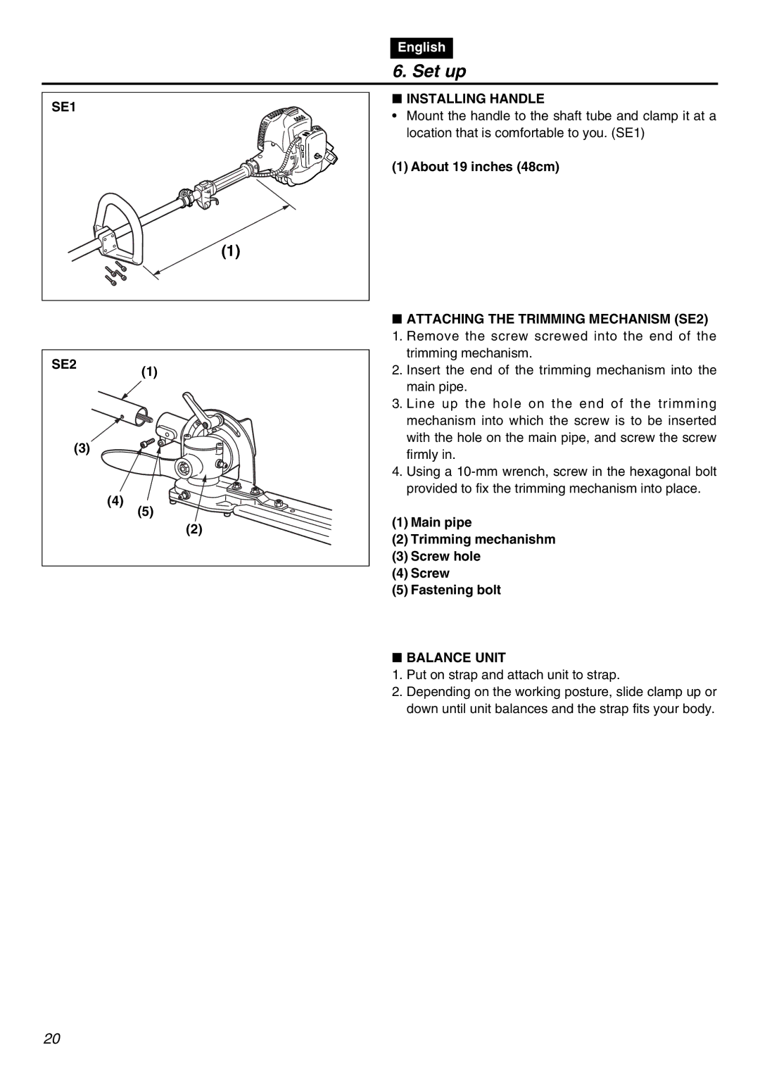 RedMax SRTZ2401 manual Set up, SE1 SE2 Installing Handle, Attaching the Trimming Mechanism SE2, Balance Unit 