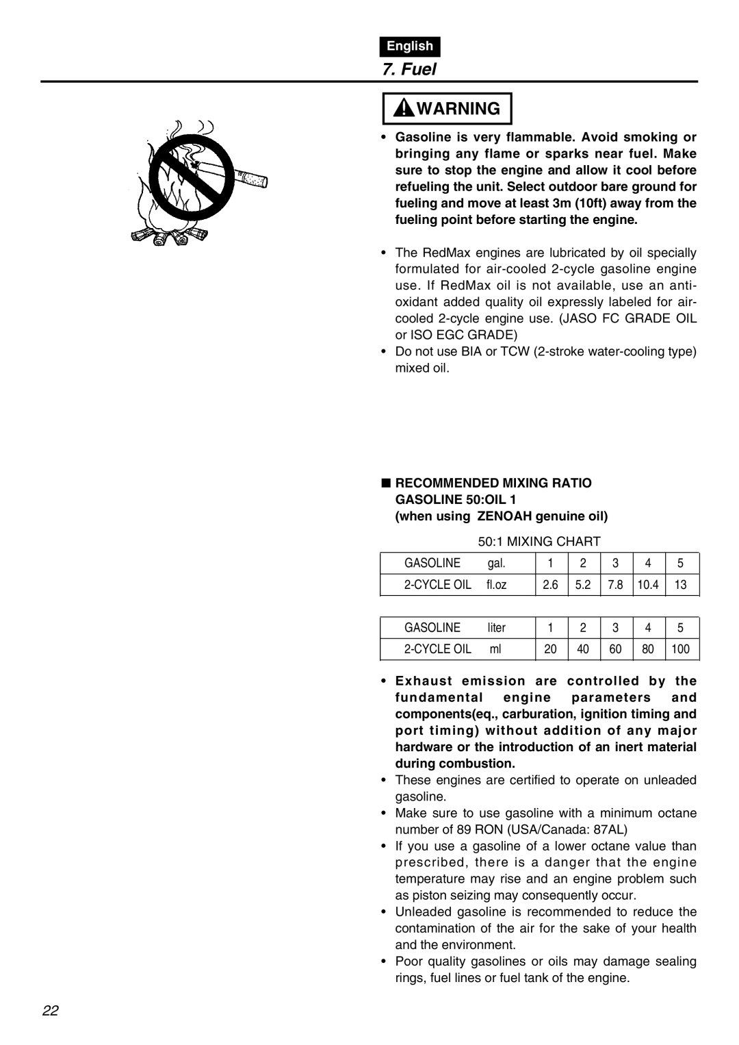 RedMax SRTZ2401 manual Fuel, Recommended Mixing Ratio Gasoline 50OIL, When using Zenoah genuine oil 