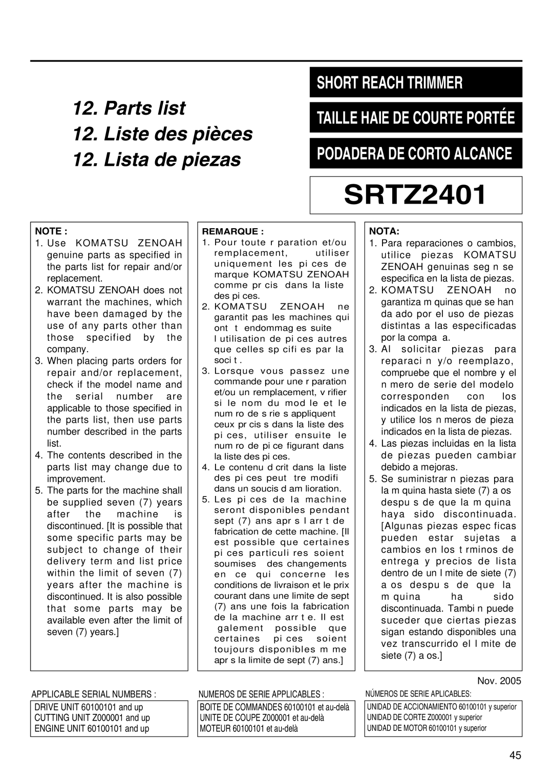 RedMax SRTZ2401 manual Nota 