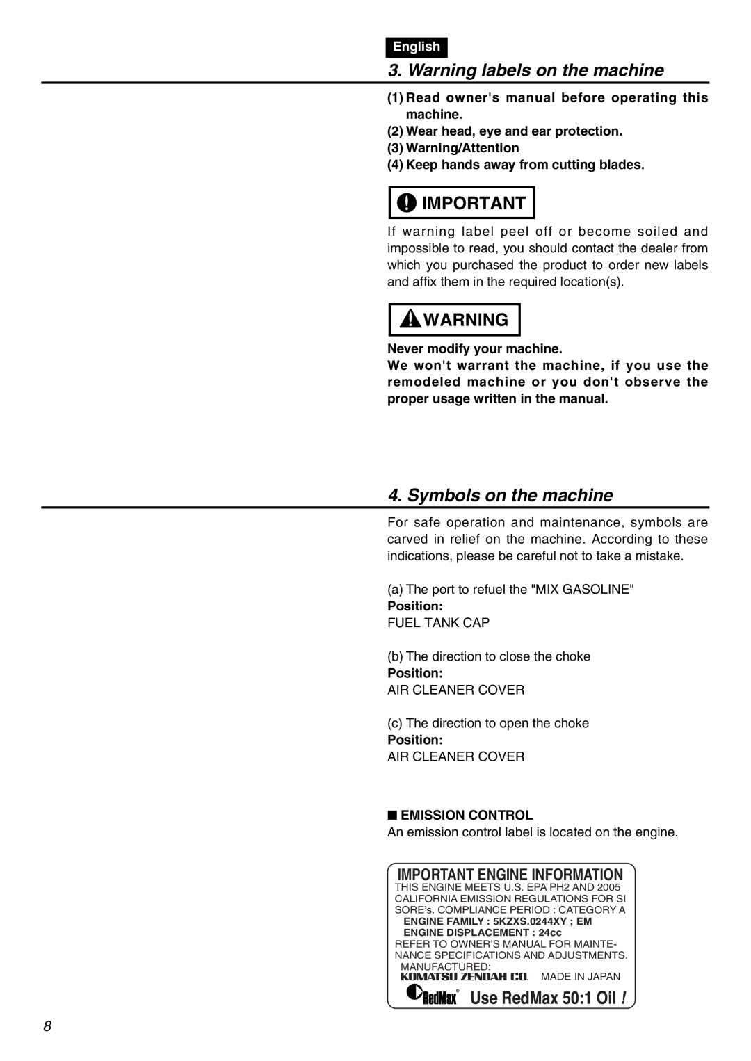 RedMax SRTZ2401 manual Symbols on the machine, Position, Emission Control 