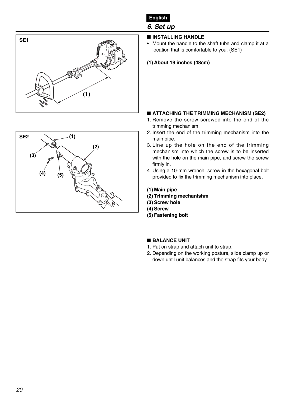 RedMax SRTZ2401F-CA manual Set up, SE1 SE2 Installing Handle, Attaching the Trimming Mechanism SE2, Balance Unit 