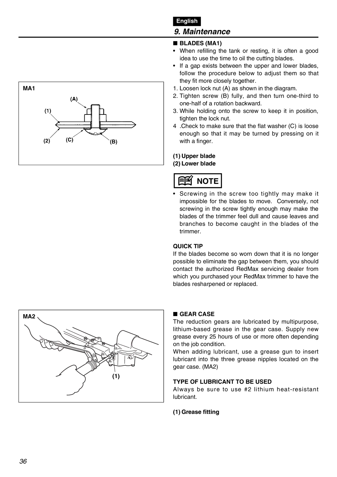 RedMax SRTZ2401F-CA manual Blades MA1, Quick TIP, MA2, Gear Case, Type of Lubricant to be Used 