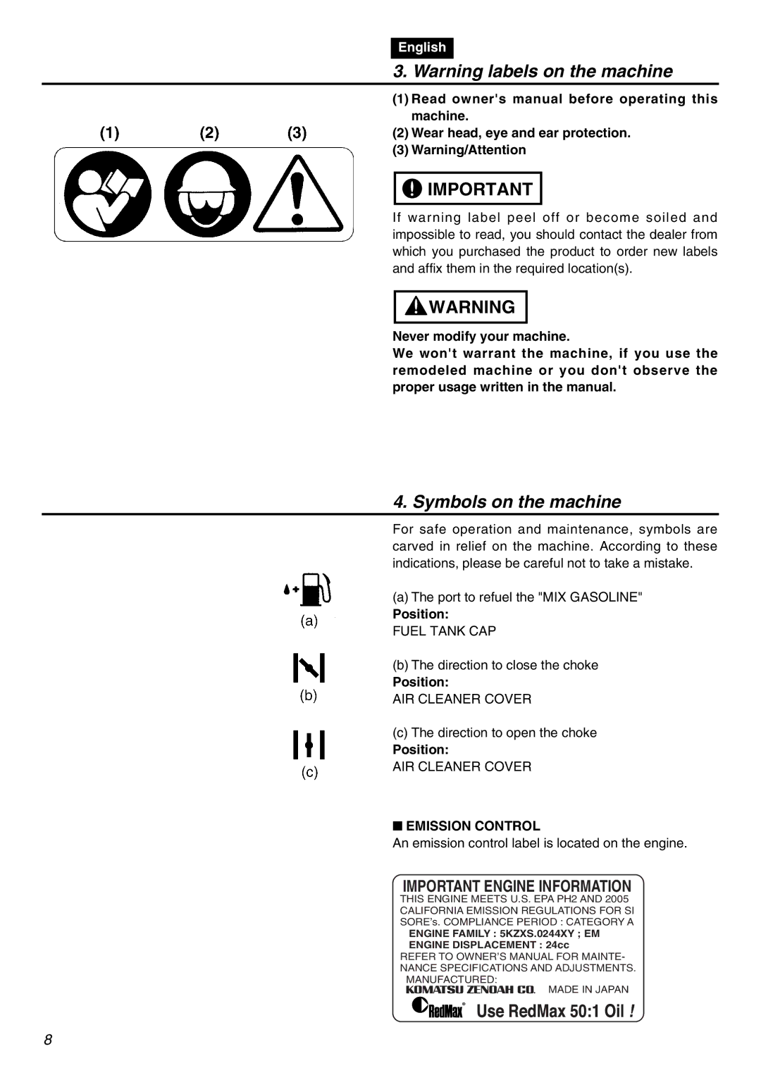 RedMax SRTZ2401F manual Symbols on the machine, Wear head, eye and ear protection, Position, Emission Control 