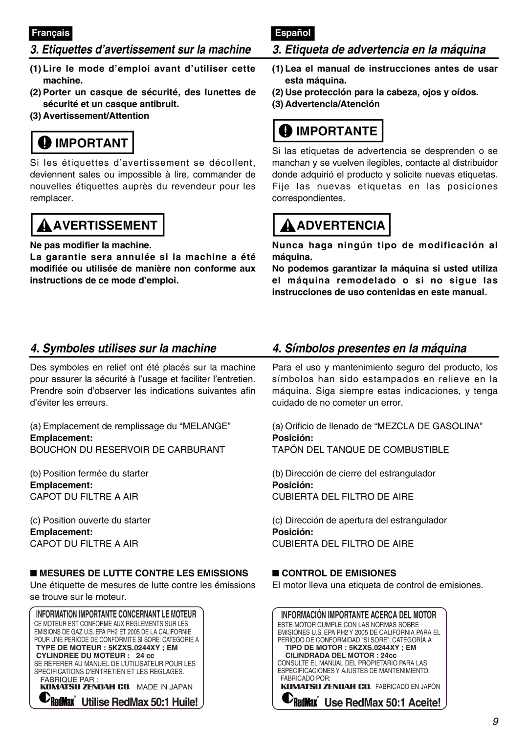 RedMax SRTZ2401F manual Emplacement, Posición, Control DE Emisiones, Information Importante Concernant LE Moteur 