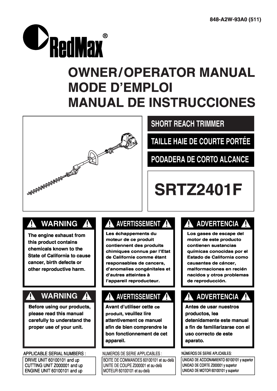 RedMax SRTZ2401F manual Short Reach Trimmer, Avertissement, Owner/Operator Manual Mode D’Emploi Manual De Instrucciones 
