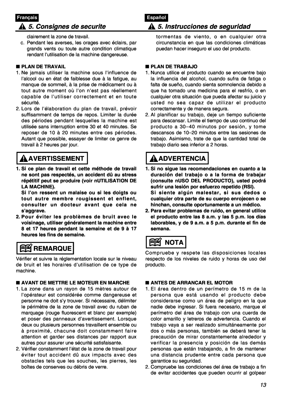 RedMax SRTZ2401F Consignes de securite, Instrucciones de seguridad, Avertissement, Remarque, Advertencia, Nota, Français 