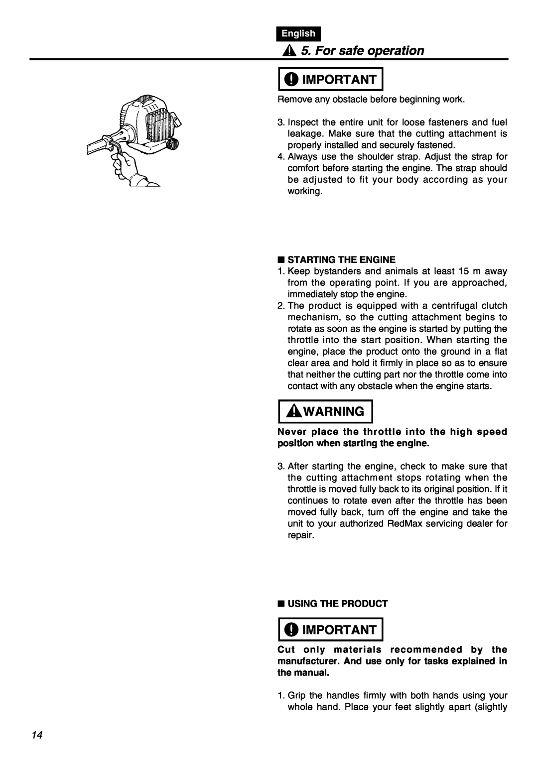 RedMax SRTZ2401F manual For safe operation, English, Starting The Engine, Using The Product 