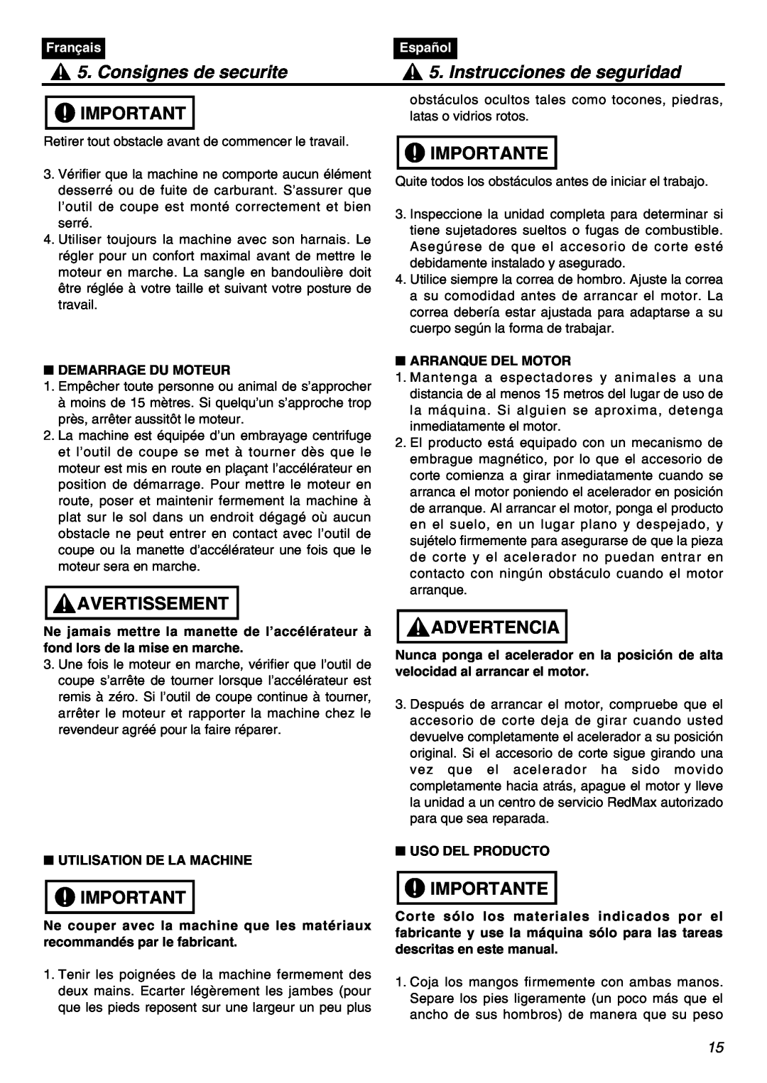 RedMax SRTZ2401F manual Consignes de securite, Instrucciones de seguridad, Importante, Avertissement, Advertencia, Français 