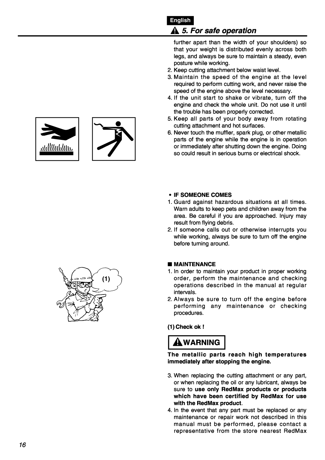 RedMax SRTZ2401F manual For safe operation, English, If Someone Comes, Maintenance, Check ok 