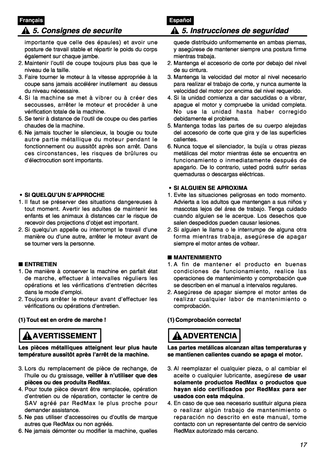 RedMax SRTZ2401F manual Consignes de securite, Instrucciones de seguridad, Avertissement, Advertencia, Français, Español 