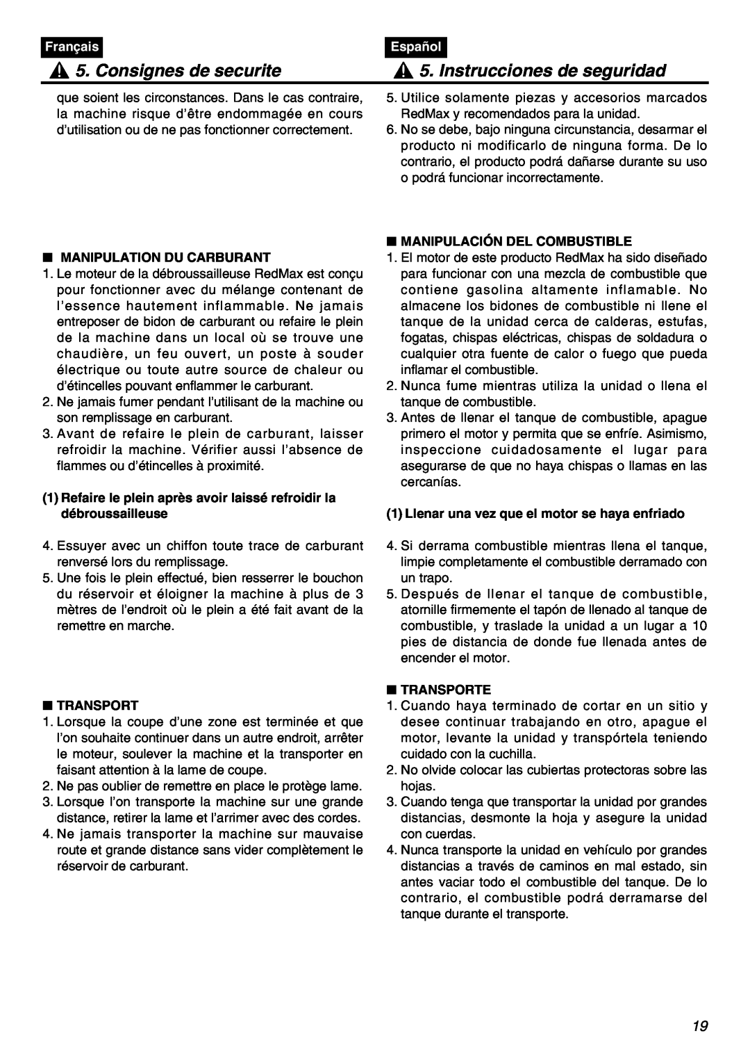 RedMax SRTZ2401F manual Consignes de securite, Instrucciones de seguridad, Français, Español, Manipulation Du Carburant 