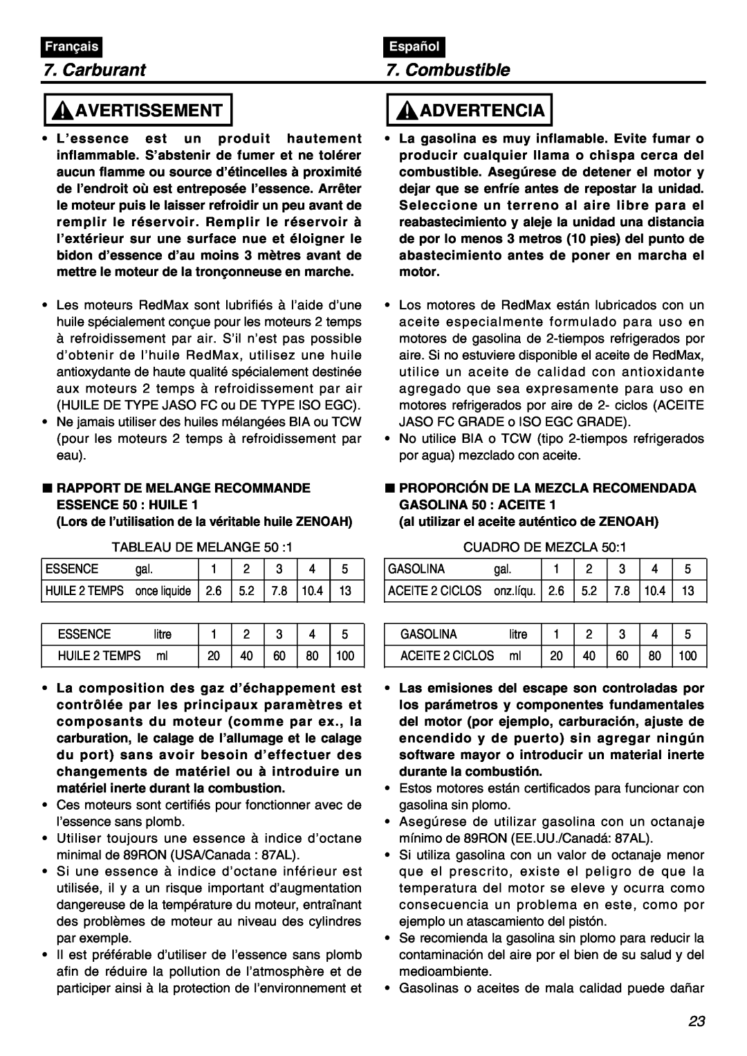 RedMax SRTZ2401F manual Carburant, Combustible, Avertissement, Advertencia, Français, Español 