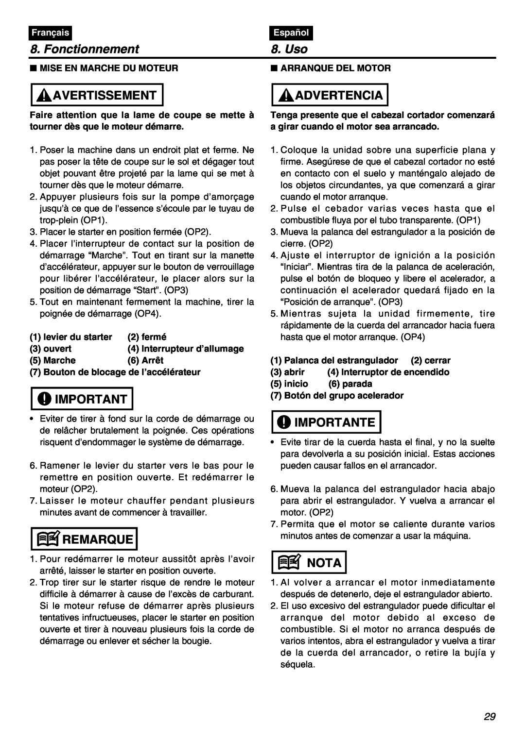 RedMax SRTZ2401F manual Fonctionnement, Uso, Avertissement, Advertencia, Remarque, Importante, Nota, Français, Español 