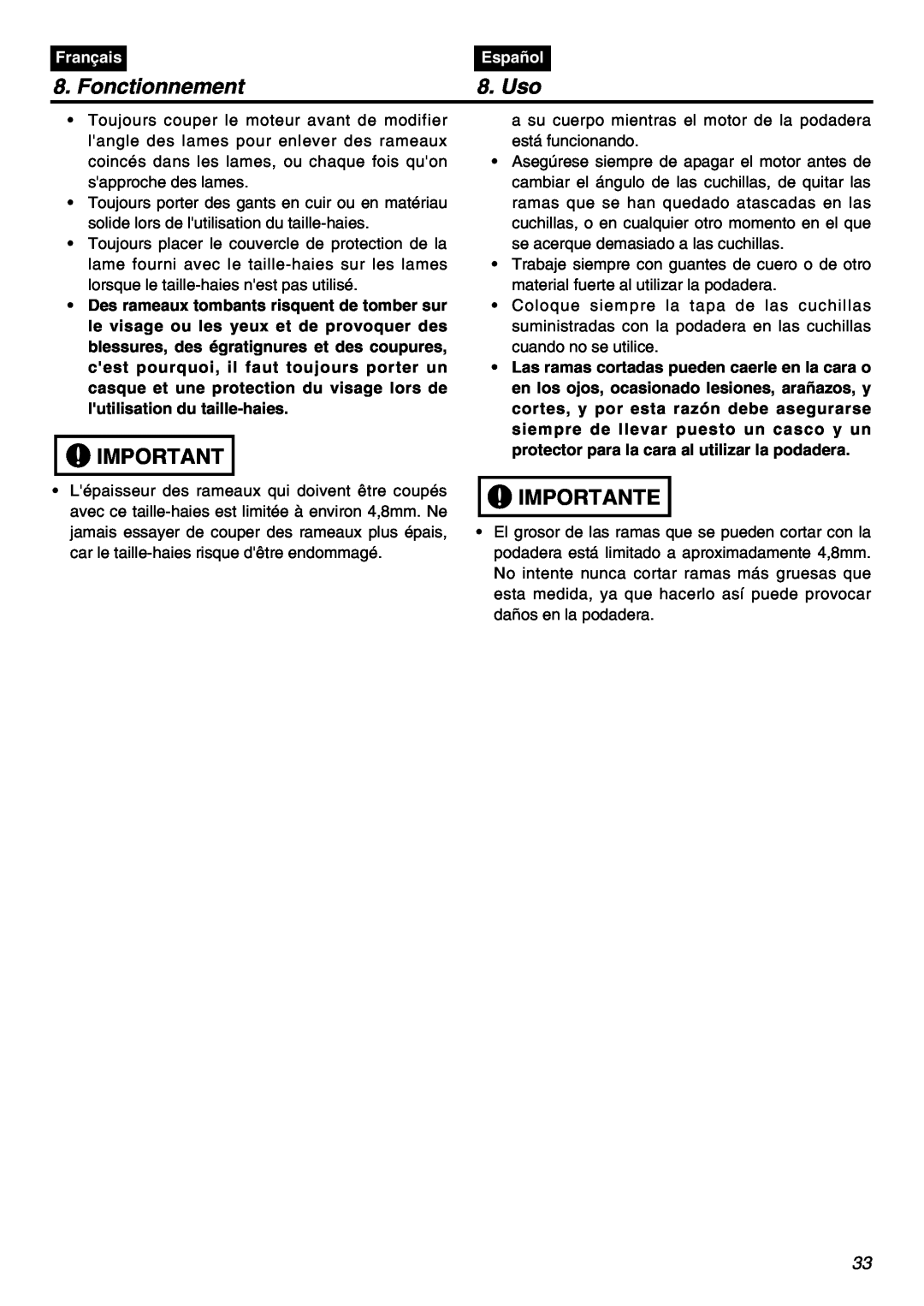 RedMax SRTZ2401F manual Fonctionnement, Uso, Importante, Français, Español 