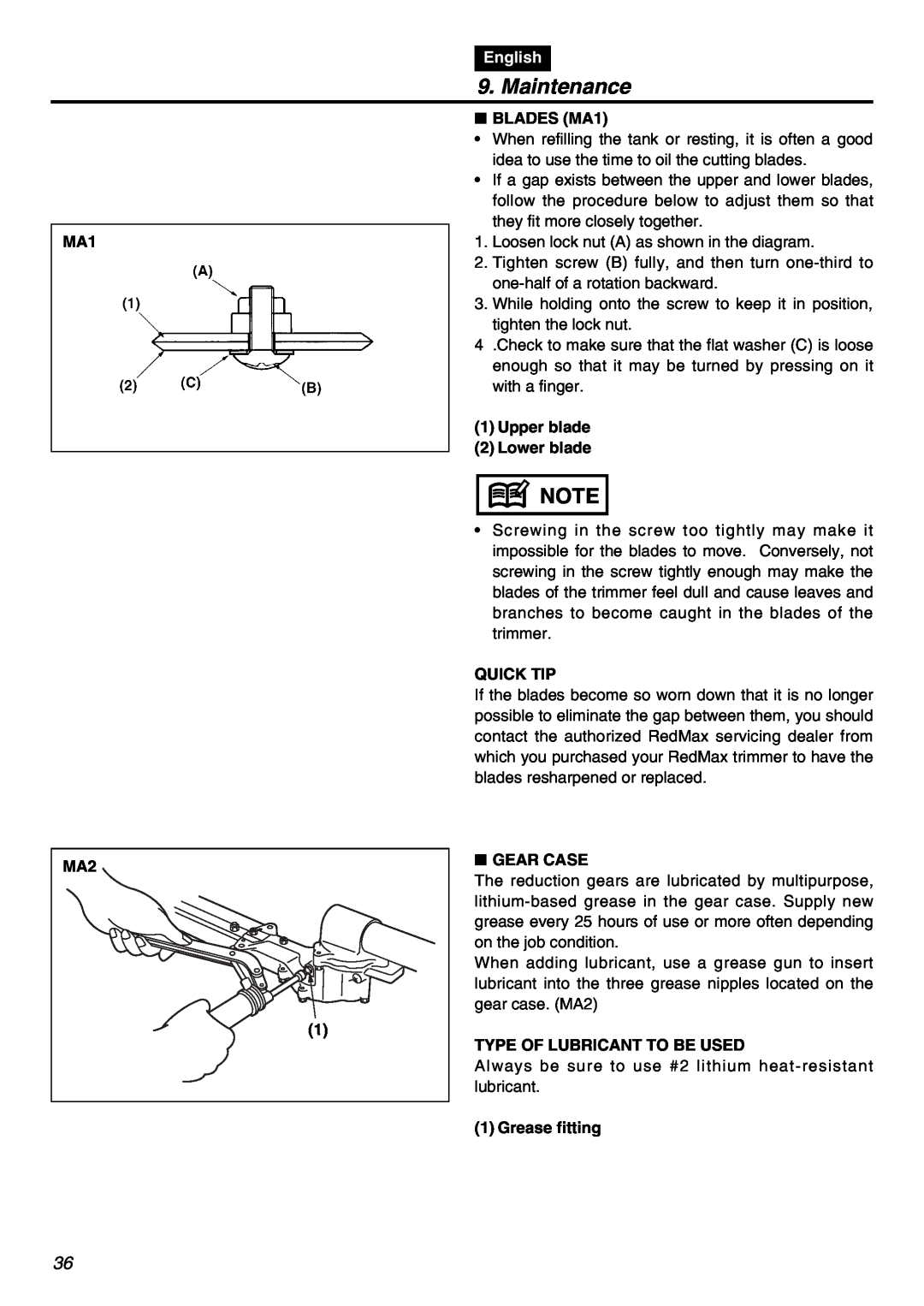 RedMax SRTZ2401F manual Maintenance, English, BLADES MA1, Upper blade 2 Lower blade, Quick Tip, Gear Case, Grease fitting 