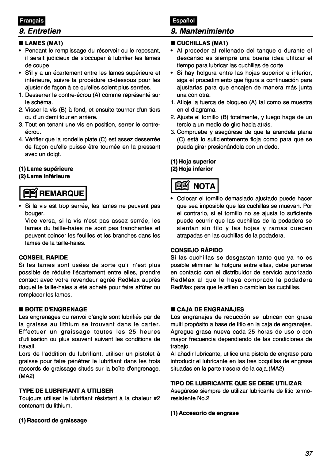 RedMax SRTZ2401F manual Entretien, Mantenimiento, Remarque, Nota, Français, Español 