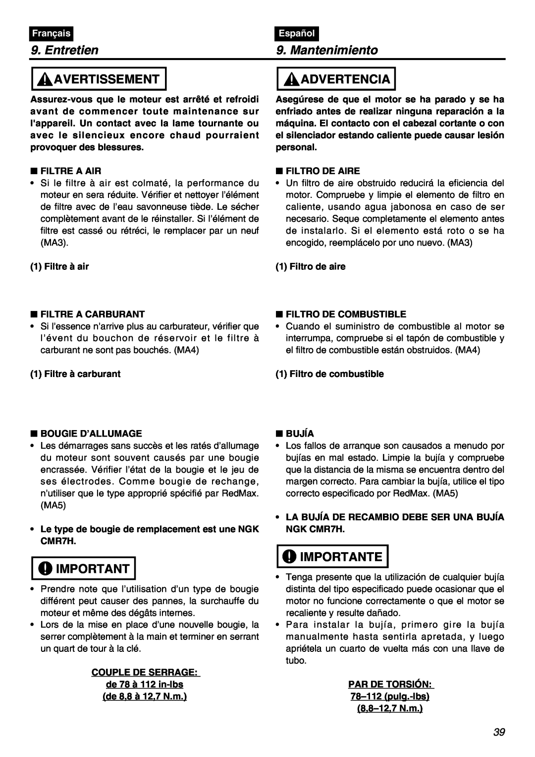 RedMax SRTZ2401F manual Entretien, Mantenimiento, Avertissement, Advertencia, Importante, Français, Español 