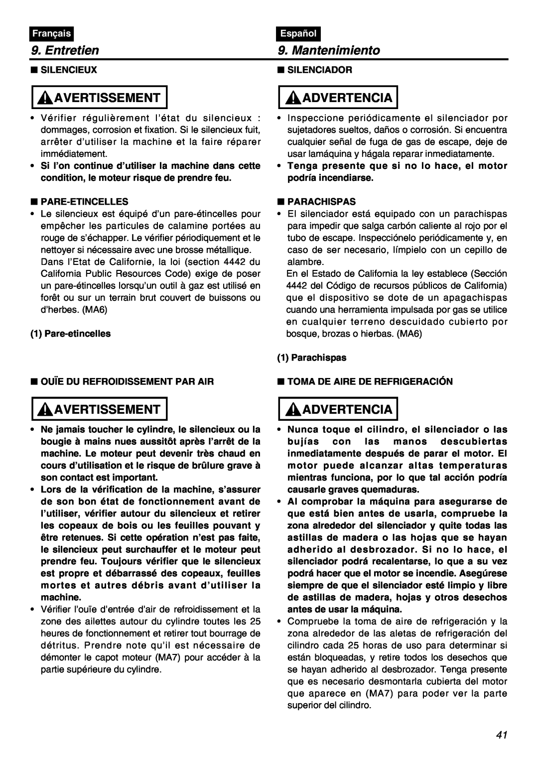 RedMax SRTZ2401F manual Entretien, Mantenimiento, Avertissement, Advertencia, Français, Español, Silencieux, Silenciador 