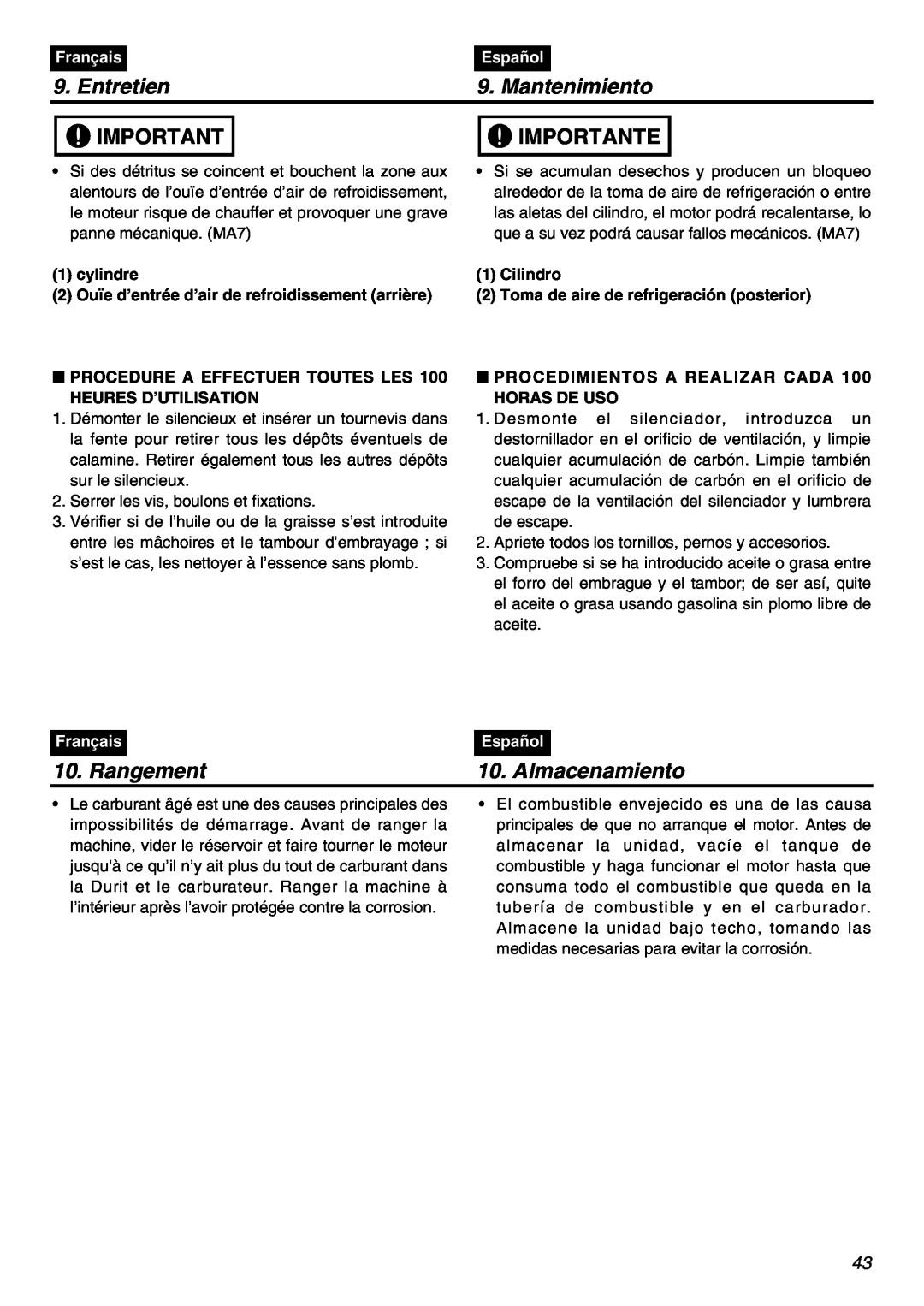 RedMax SRTZ2401F manual Rangement, Almacenamiento, Entretien, Mantenimiento, Importante, Français, Español 