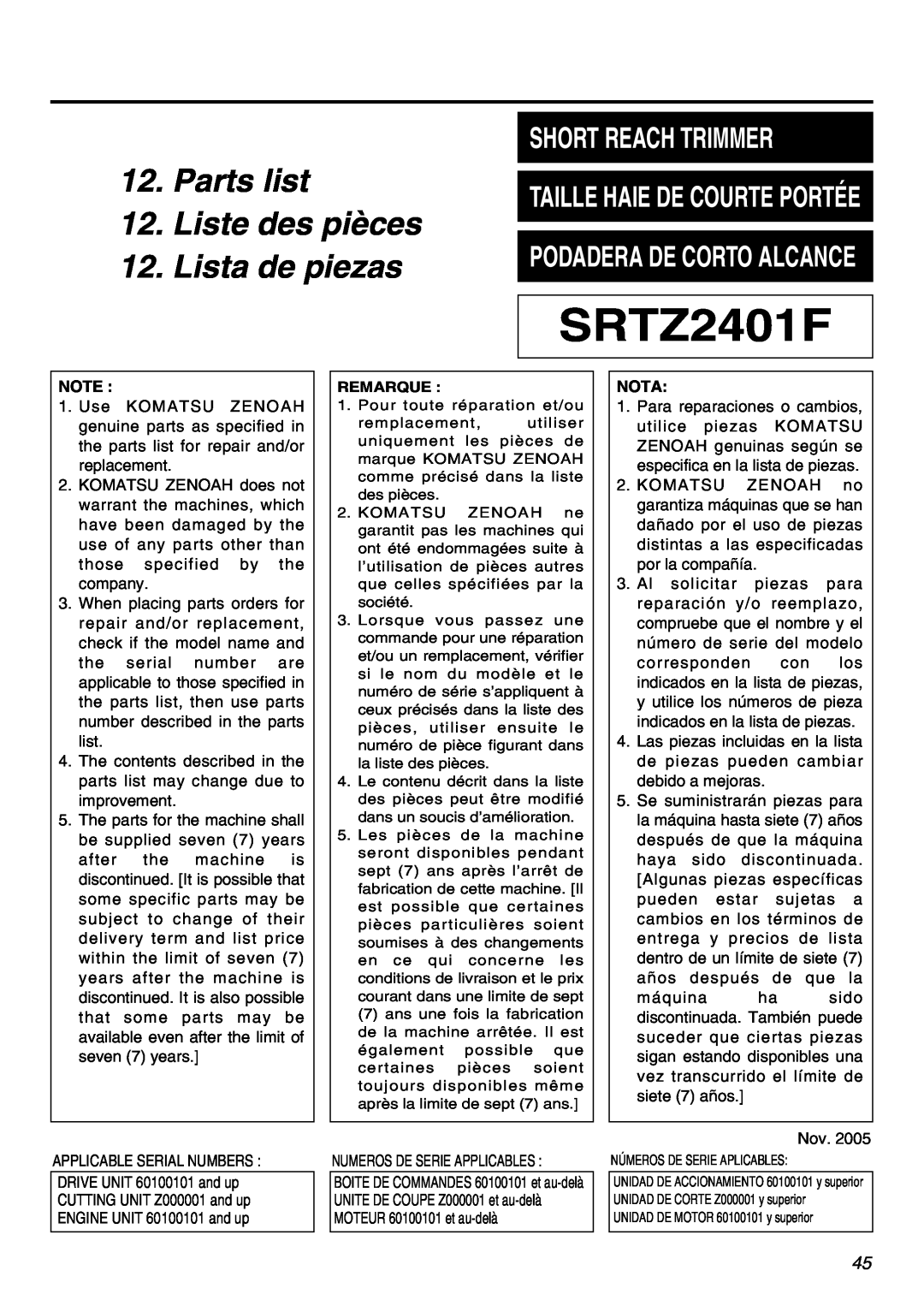 RedMax SRTZ2401F manual Parts list 12. Liste des pièces 12. Lista de piezas, Short Reach Trimmer 