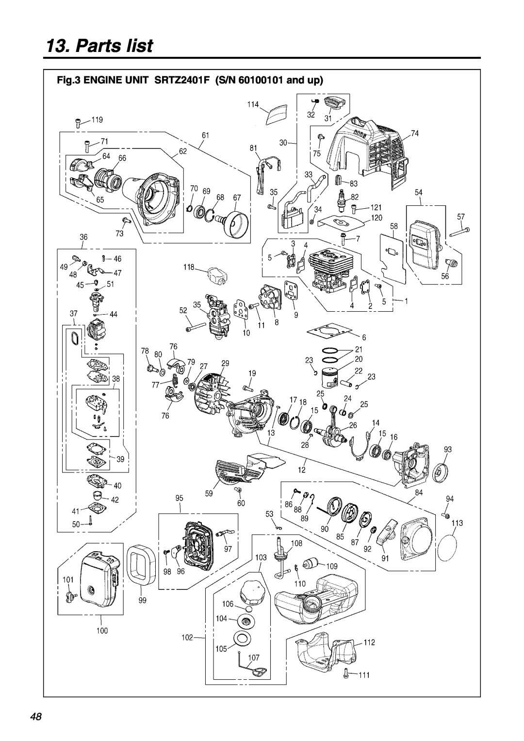 RedMax manual Parts list, ENGINE UNIT SRTZ2401F S/N 60100101 and up 